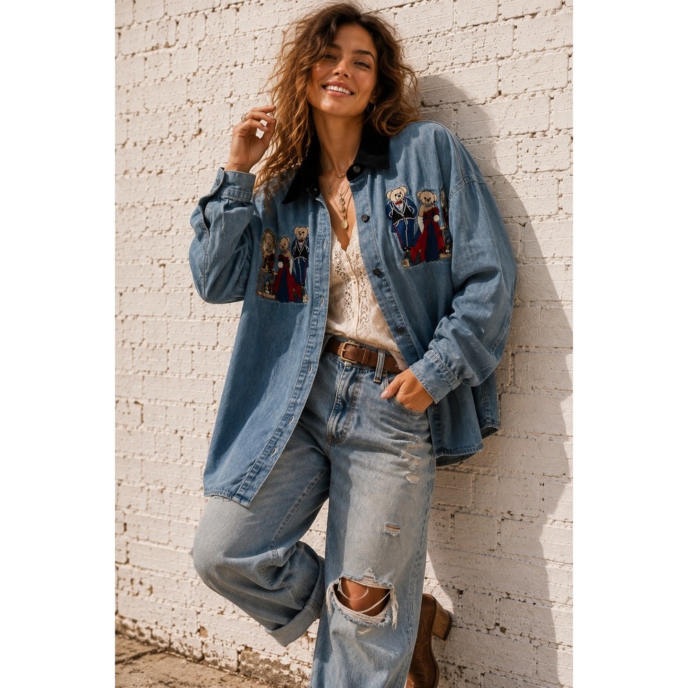 Vintage Quizz New York Blue Cotton Denim Embroidered Gala Teddy Bear Shirt 90 24